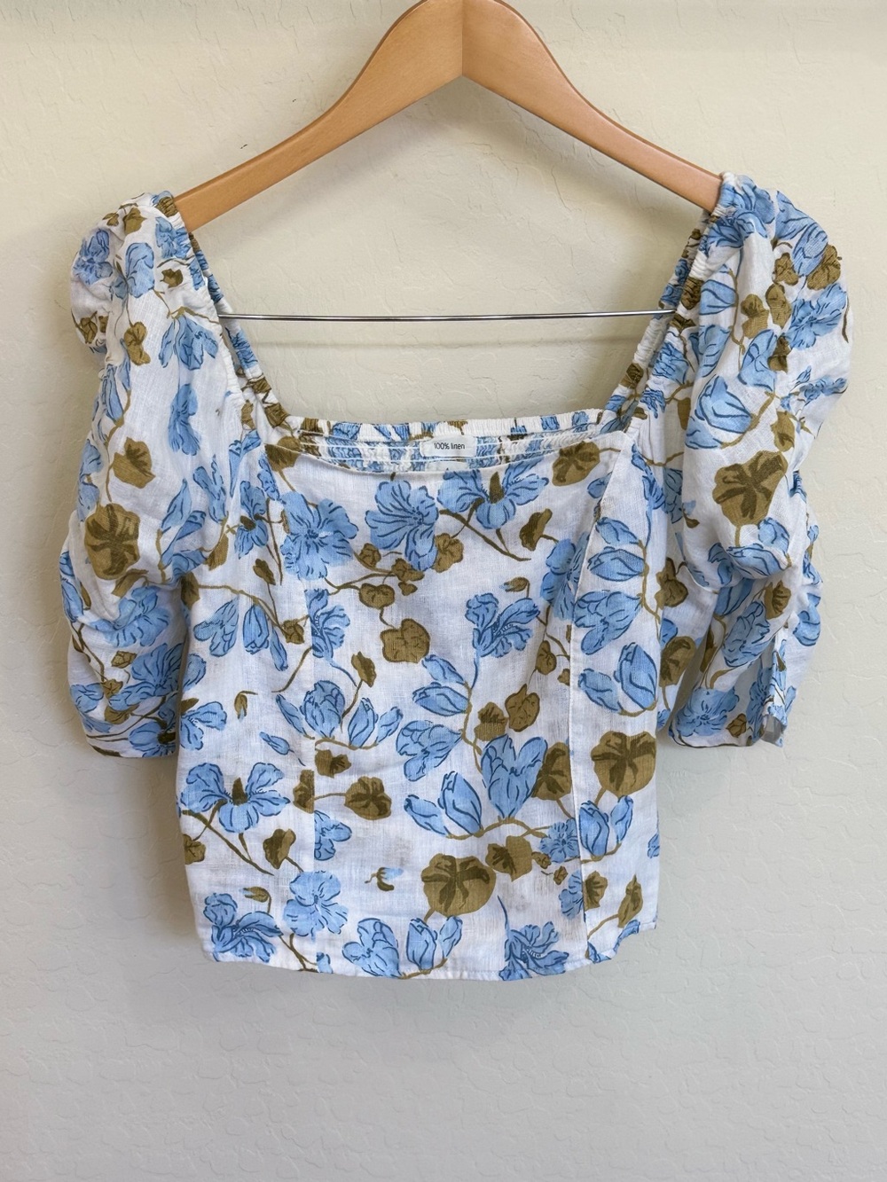 Joie 100% Linen Square Neck Blue Floral Puff Sleeve Crop Blouse Large Boho